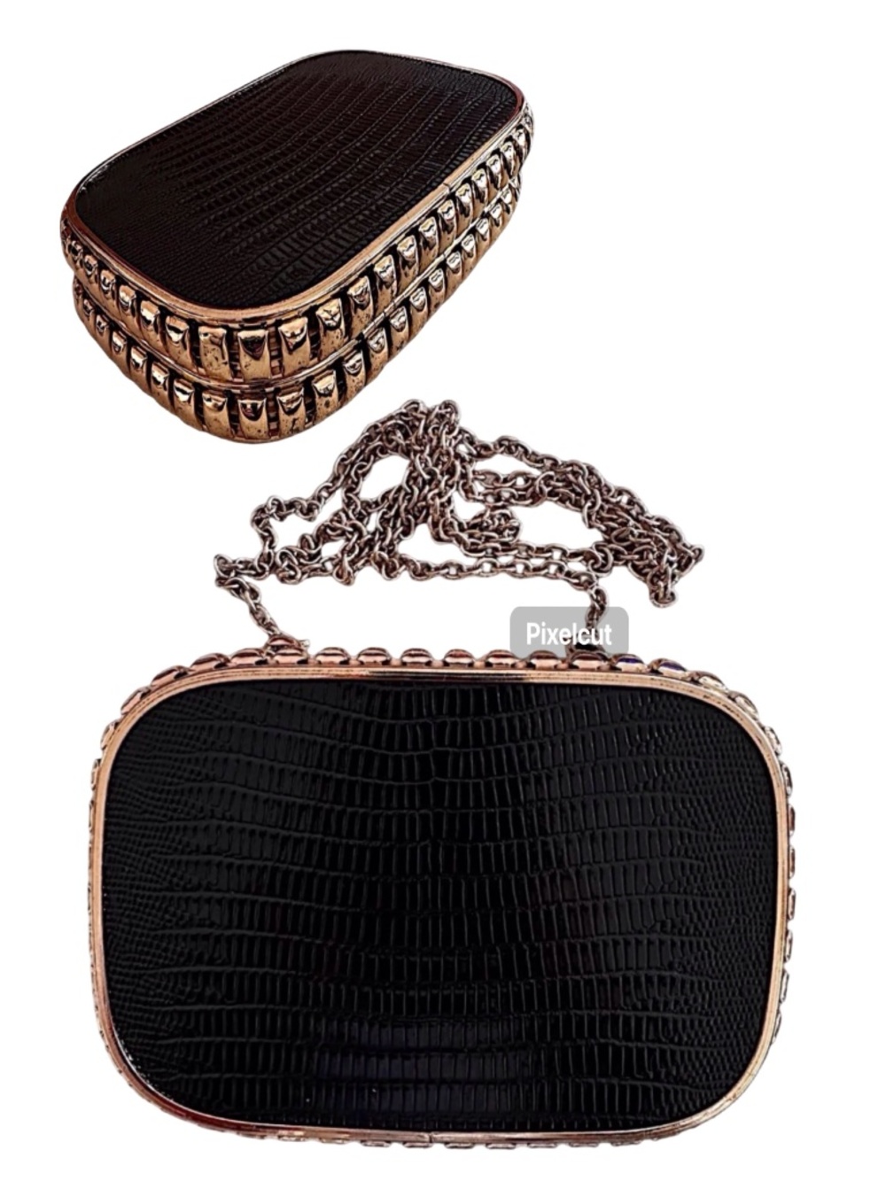 Violet Ray Black Gold Croc Boxed Clutch Purse Evening Bag Crossbody Chain Small